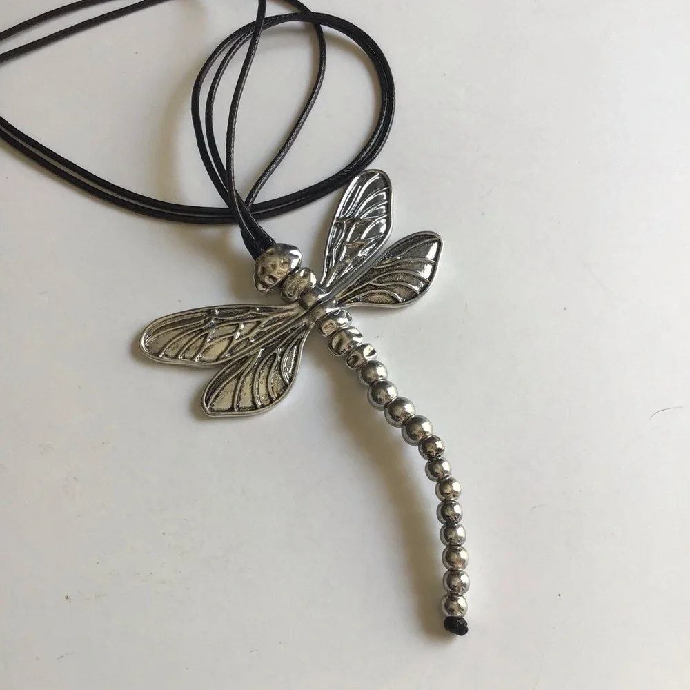 LAST 1! NEW Dragonfly Statement Necklace Movable Wings Gardener Black Cord Lucky